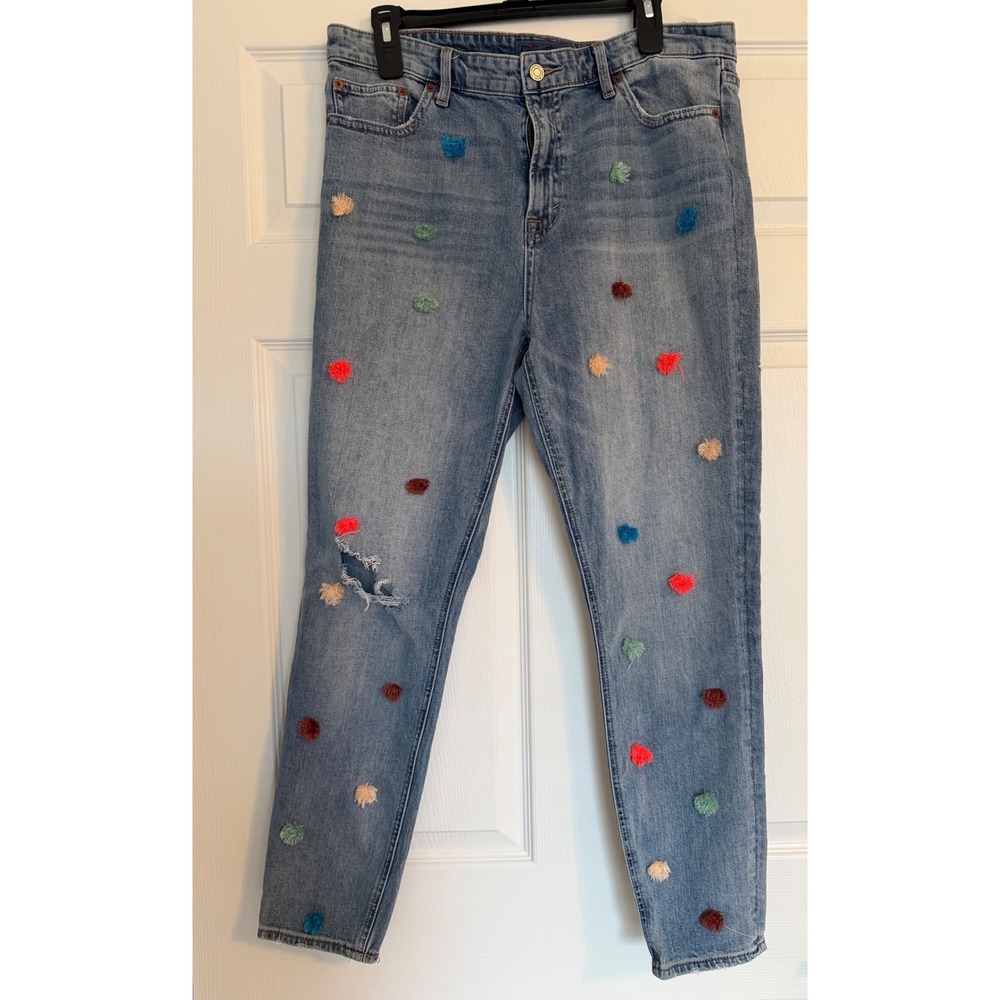 Lucky Brand Pom Pom Embroidered Distressed Skinny Leg‎ Jeans Light Wash Blue 14
